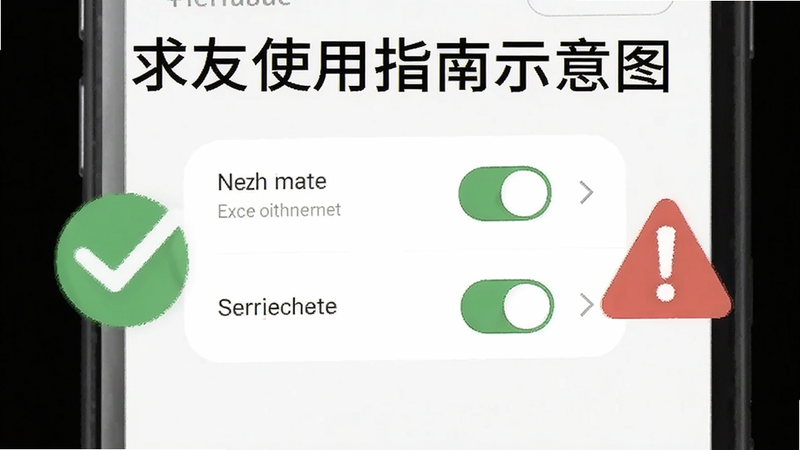 求友使用指南示意图,手机屏幕显示设置界面的通知权限和存储权限开关,旁边有对勾和警告图标,背景简洁白色,适合Boogu模型生成