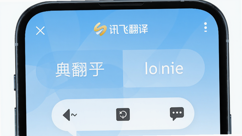 讯飞翻译主界面预览图,一个手机屏幕显示翻译对话界面,左侧中文右侧英文,背景为浅蓝色渐变,顶部有讯飞翻译logo,整体风格简洁现代,清晰展示语音输入、拍照、对话三种核心功能入口