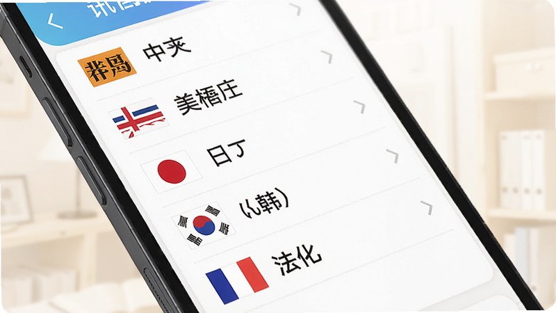 讯飞翻译多语言界面示意图,手机屏幕上显示语言列表包含中文、英文、日文、韩文、法文等,每个语言旁有国旗图标,背景柔和,光线明亮,突出多语言切换功能