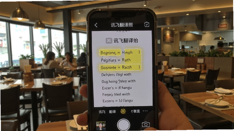 讯飞翻译拍照功能演示图,手机摄像头对准一个英文菜单,屏幕上方显示翻译后的中文,菜单上的英文被高亮框选,背景为餐厅环境,照片风格真实自然