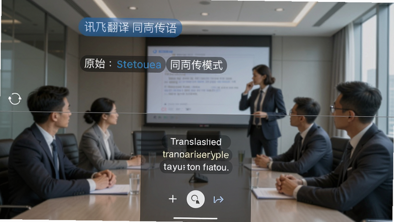 讯飞翻译同声传译模式截图,手机屏幕分为上下两部分,上半部分显示原始语音转文字,下半部分显示翻译结果,背景为会议室,营造商务沟通氛围
