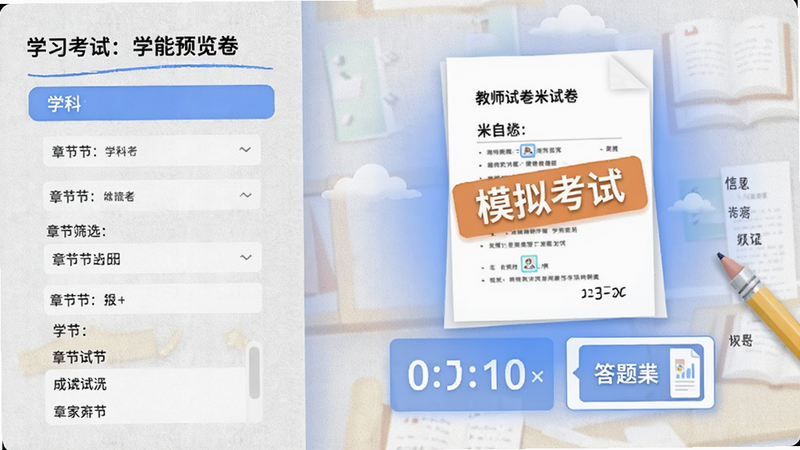 米考试考教师智能组卷功能预览图,左侧显示学科和章节筛选器,右侧为生成试卷的动画效果,试卷上带有“模拟考试”标签,下方有倒计时和答题卡,背景为浅灰色纸纹质感,整体呈现学习氛围