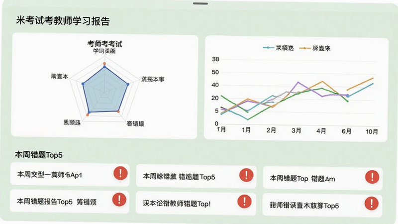 米考试考教师学习报告页面,展示雷达图和折线图,下方列出本周错题Top5,每个错题带有红色感叹号标记,背景为浅绿色的卡片式布局,整体数据可视化风格简洁直观