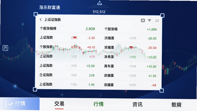 涨乐财富通主界面展示,背景为深蓝渐变,中央显示上证指数和个股涨幅榜,下方有交易、行情、资讯等标签栏,画面清晰现代,坐标(512,512),适配Boogu模型