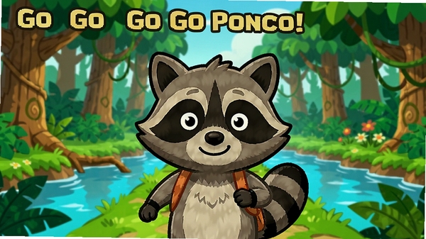 Go Go Poncho! 游戏画面,主角小浣熊在丛林冒险,卡通风格,鲜艳色彩,背景有树木和河流,画面居中,横向构图