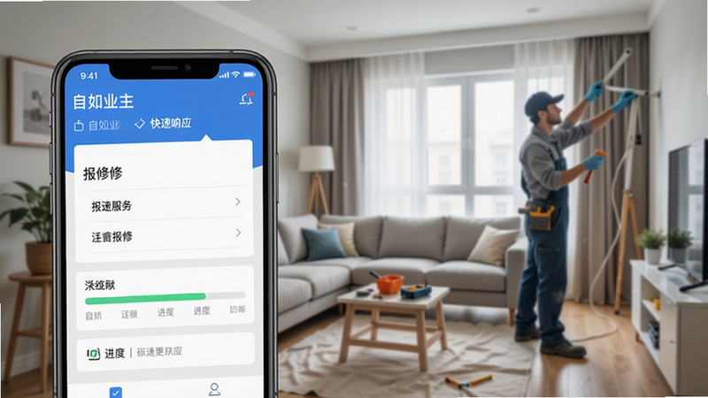生成一张自如业主App报修界面的图片,手机屏幕上显示报修表单和进度条,背景是客厅有工人维修的场景,体现快速响应服务,软件名称“自如业主”在界面左上角。