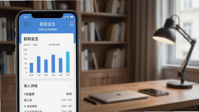 生成一张显示自如业主App收益看板的截图,手机屏幕上显示柱状图和收入明细,背景是书房环境,强调财务管理的专业感,软件名称“自如业主”出现在屏幕顶部。