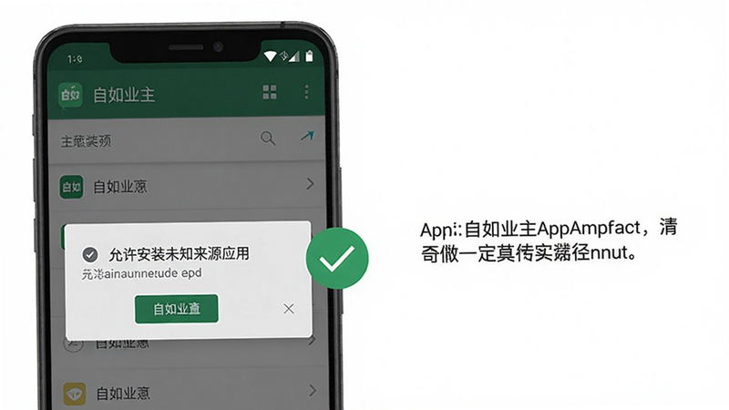 生成一张显示自如业主App安装步骤的示意图,手机界面显示“允许安装未知来源应用”的提示,旁边有打勾图标,背景是安卓系统设置界面,软件名称“自如业主”出现在通知栏。