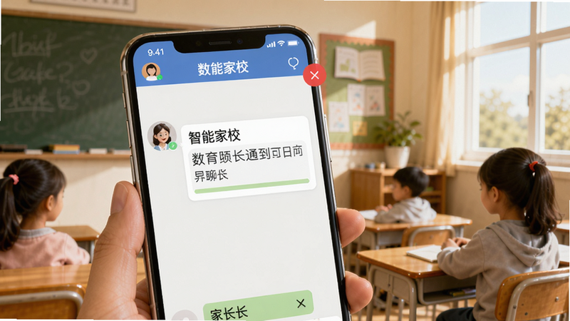 数智家校聊天界面,显示老师发送的通知消息,家长手机上有红色未读标记,背景为教室,整体风格温馨