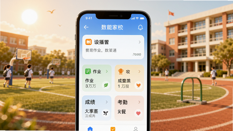数智家校主界面,手机屏幕显示通知、作业、成绩、考勤等模块,背景为校园操场和教学楼,色彩明亮温馨,UI设计简洁,符合教育类APP风格