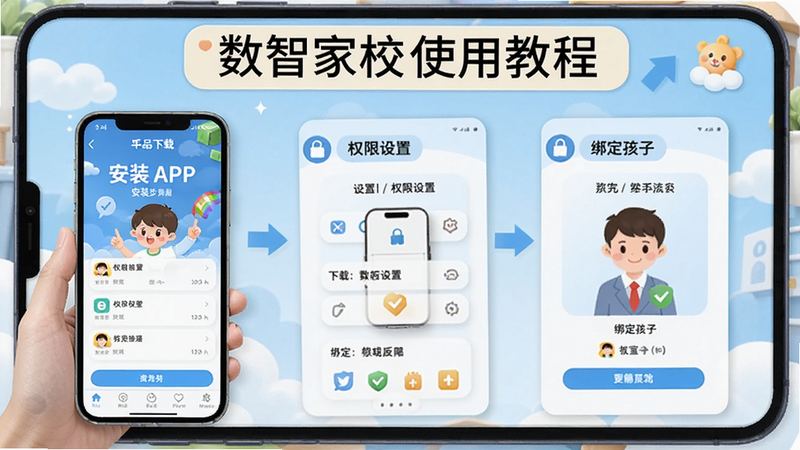 数智家校使用教程,展示手机APP安装步骤,包括下载、权限设置、绑定孩子等流程,图文并茂,背景为操作界面