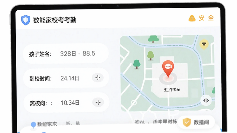 数智家校考勤页面,显示孩子姓名、到校时间、离校时间,旁边有一个地图显示学校位置,界面清爽,有安全提示图标