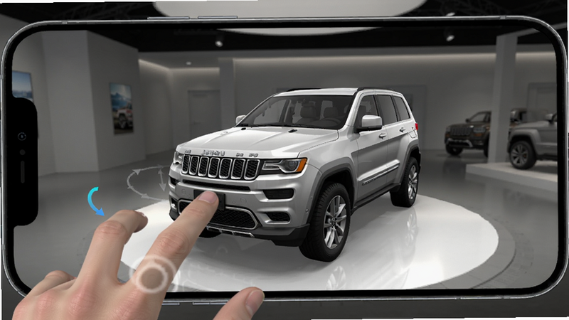 Jeep车型全景展厅功能截图,手机屏幕中显示一辆Jeep大切诺基的3D模型,用户可以手指拖动旋转,背景为虚拟展厅,光线柔和,细节清晰,体现AR交互效果