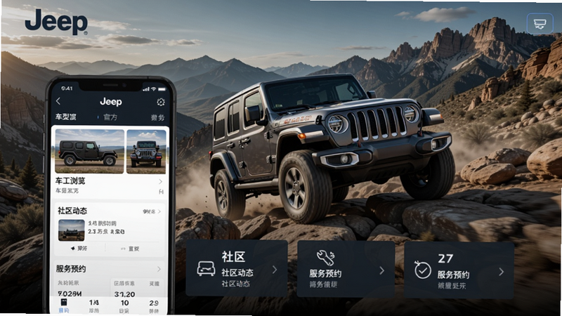 Jeep官方客户端主界面展示,背景为壮丽的越野山路,画面中央有一辆Jeep牧马人正穿越岩石地带,前景显示手机APP界面,界面中包含车型浏览、社区动态、服务预约等模块,整体风格硬朗且富有科技感,适配Boogu模型生成