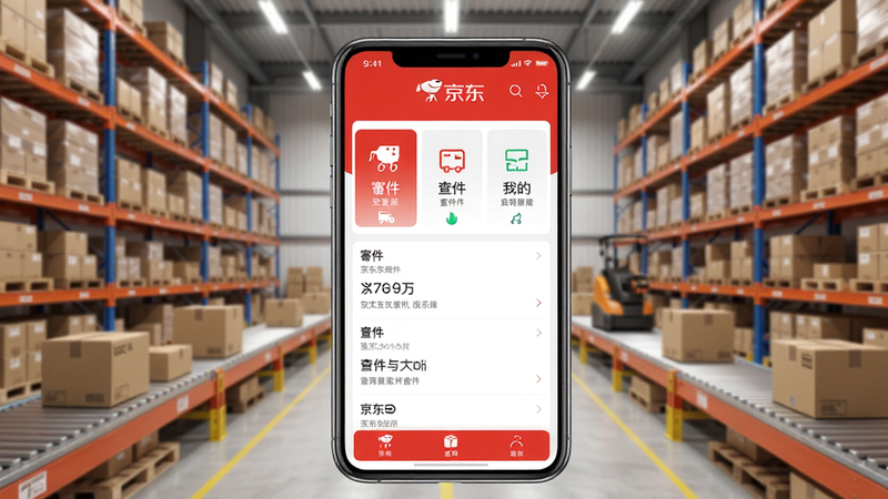 展示京东快递App的全貌,背景是整洁的物流仓库,前景是手机屏幕显示京东快递主界面,包含寄件、查件、我的三大功能模块,画面明亮清晰,强调品牌红色与白色配色,适合Boogu模型生成。