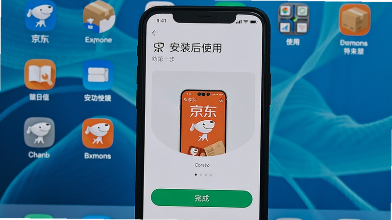 手机屏幕显示京东快递App的安装界面,下方有“完成”按钮,背景是桌面图标,强调安装成功后的使用第一步。