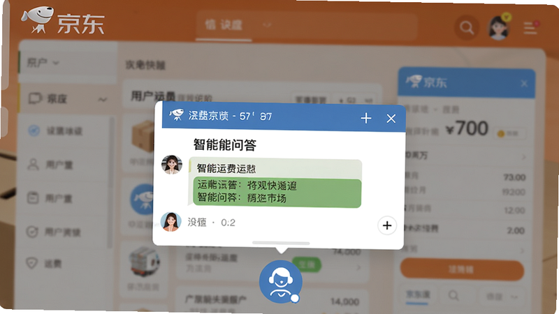 京东快递服务界面展示,底部悬浮客服图标,中间显示智能问答对话框,背景是用户正在查看运费详情,画面温馨,强调服务温度。