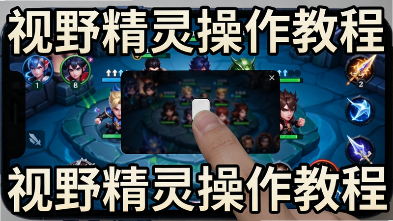 视野精灵操作教程截图,手机屏幕上悬浮窗被手指长按拖动,背景为王者荣耀选英雄界面,画面清晰,操作提示文字醒目。