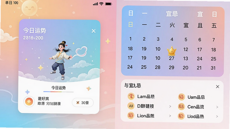 我好运app主界面预览,左侧展示今日运势卡片,右侧显示日历与宜忌列表,背景为柔和渐变色调,适配Boogu模型生成