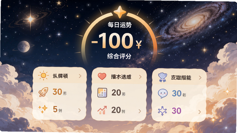 我好运每日运势详情页,上方显示综合评分,下方分项展开,背景为星空与云朵元素,色彩明亮温馨