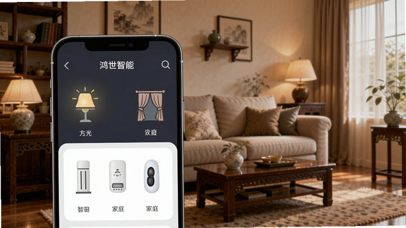 鸿世智能 app界面,背景是温馨的客厅,前景显示手机屏幕上的智能设备控制面板,灯光、空调、窗帘图标清晰,家庭氛围舒适,博古风格