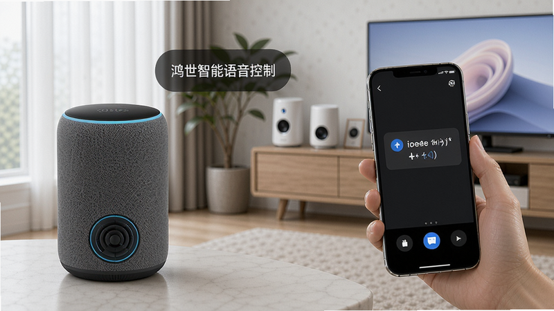 鸿世智能语音控制,用户对着智能音箱说话,手机屏幕同步显示语音指令执行结果,智能家居设备响应