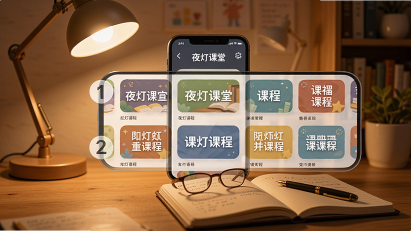 夜灯课堂app主界面,手机屏幕展示多门课程封面,背景为暖色调书房,书桌上有台灯和笔记本,整体温馨学习风格,细节清晰