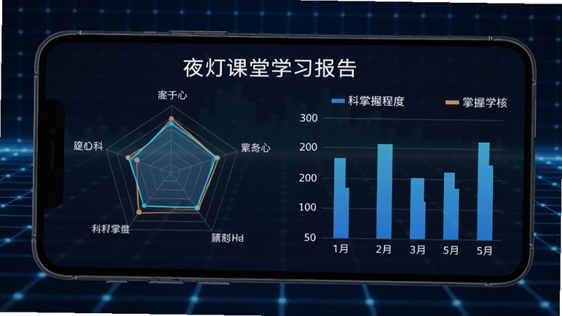 夜灯课堂学习报告页面,手机屏幕显示雷达图与柱状图,标注各科掌握程度,背景为科技感蓝色网格,数据可视化清晰