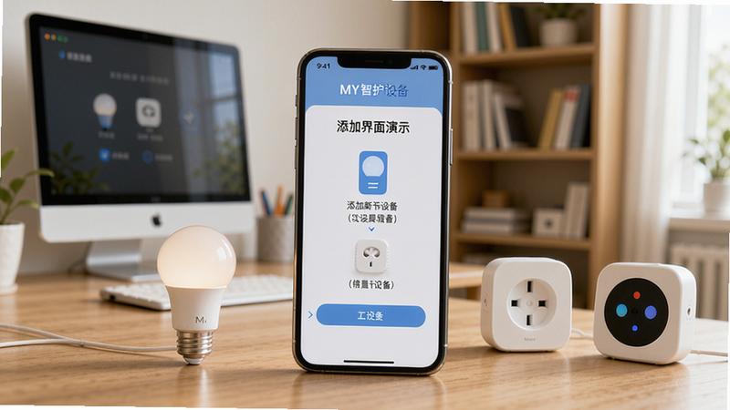 MY智护设备添加界面演示,手机屏幕展示添加新设备向导,周围有智能灯泡、智能插座等实物,背景为家庭书房,有电脑和书架,光线明亮柔和,色彩自然