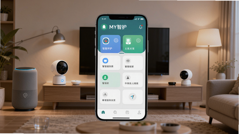 MY智护软件主界面预览图,画面中央展示一部智能手机,屏幕显示MY智护APP的主控制面板,有多个智能设备卡片,背景为现代简约风格的客厅,包含智能音箱、摄像头、灯光等设备,暖色调光线,画面清晰,细节丰富,符合Boogu模型生成要求