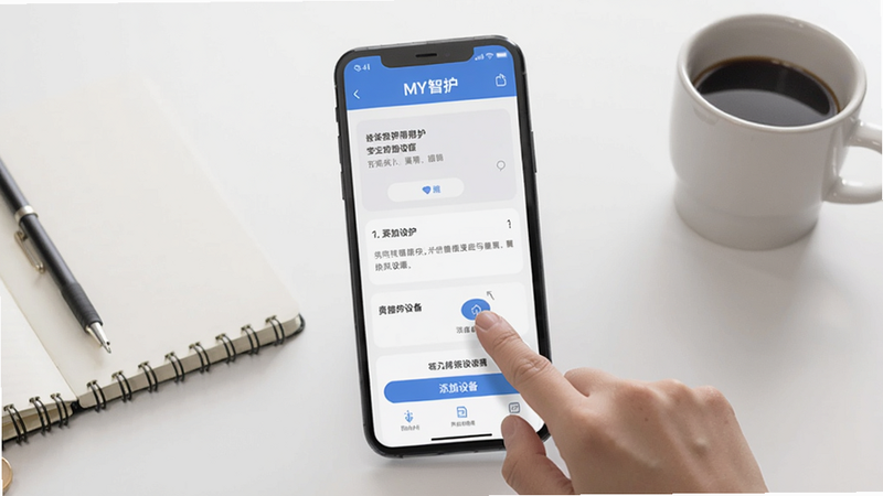 MY智护使用教程截图,展示手机操作步骤,手部示意点击添加设备按钮,背景为简洁的办公桌,有笔记本和咖啡杯,画面干净明亮