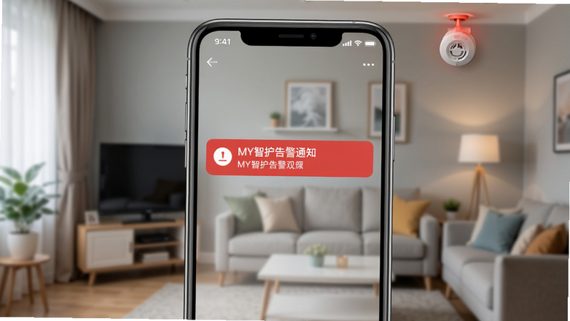 MY智护告警通知截图,手机屏幕显示一条红色告警通知,背景为家庭客厅,有烟雾报警器被触发场景,画面略带紧张感,但整体清晰,细节丰富