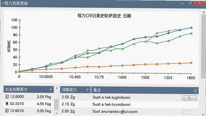 视力表软件的历史记录页面,展示折线图,横轴为日期,纵轴为视力值,图表下方有列表显示每次测试的详细数据,包括时间、左右眼视力值、备注,整体风格简洁,数据可视化清晰。