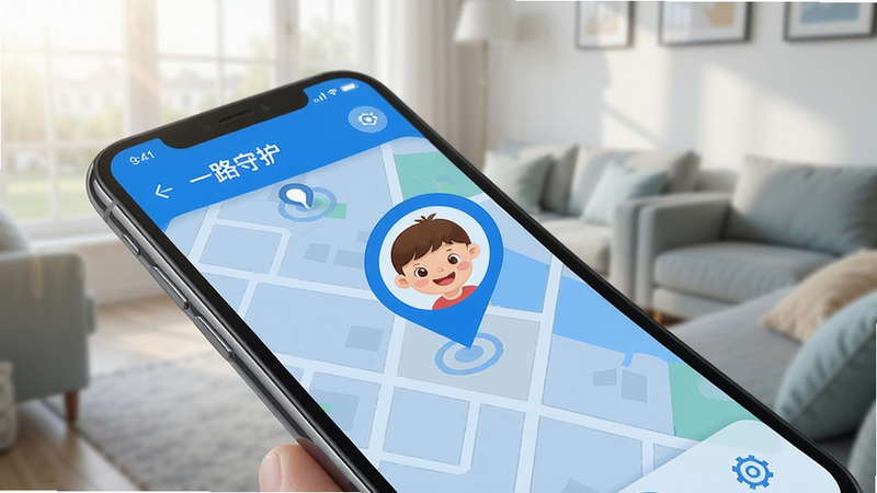 一路守护实时定位功能示意图,手机上显示地图定位点,孩子头像在位置标记上,背景简洁明亮,界面以蓝色调为主