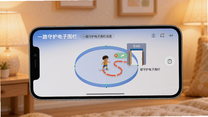 一路守护电子围栏设置界面,手机屏幕显示圆形围栏区域,孩子轨迹进出动画提示,背景柔和暖色