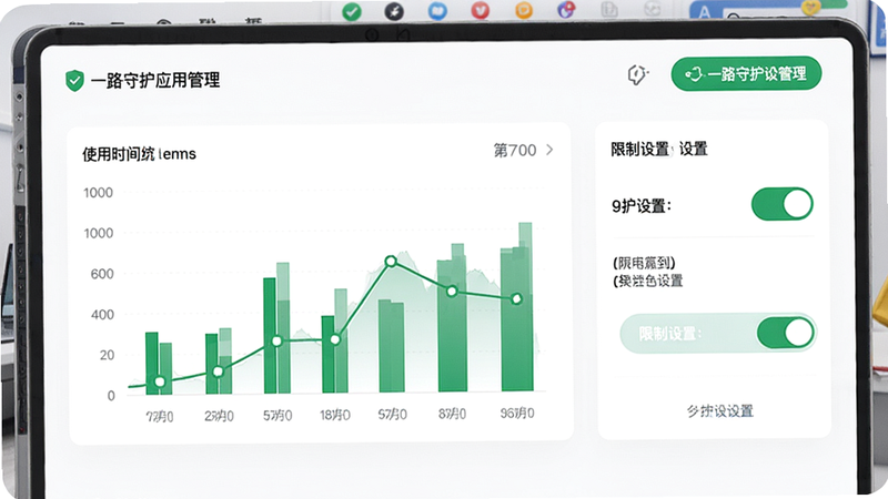 一路守护应用管理界面,展示应用使用时间统计图表和限制设置开关,界面清爽白色背景搭配绿色按钮