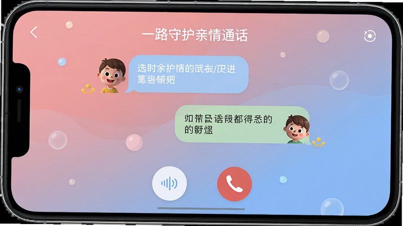 一路守护亲情通话界面,显示家长与孩子对话气泡,底部有语音按钮和紧急呼叫图标,背景温馨粉蓝渐变