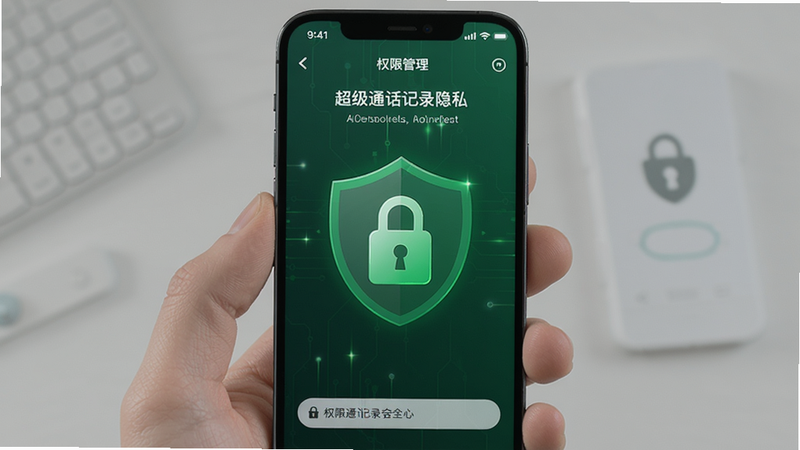 超级通话记录安全隐私界面,手机屏幕显示权限管理设置,有加密锁图标,背景为绿色安全色调,突出软件安全性。