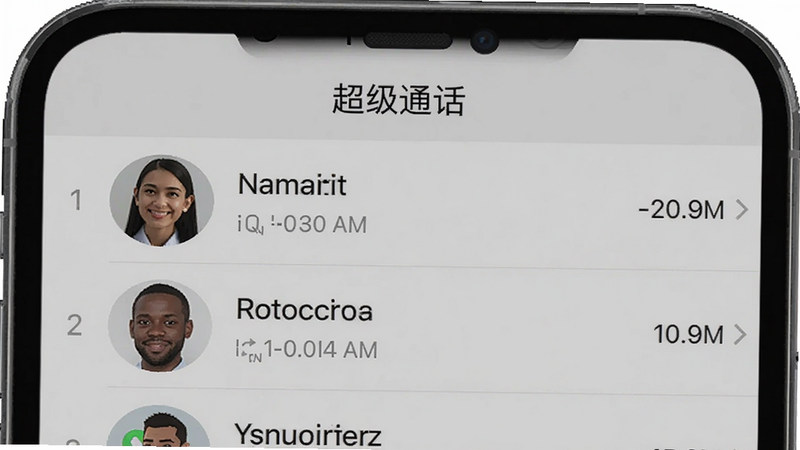 超级通话记录主界面预览,手机屏幕显示通话列表,有联系人头像、通话时间、时长,背景为浅灰色,画面居中,软件名在顶部,强调简洁直观。