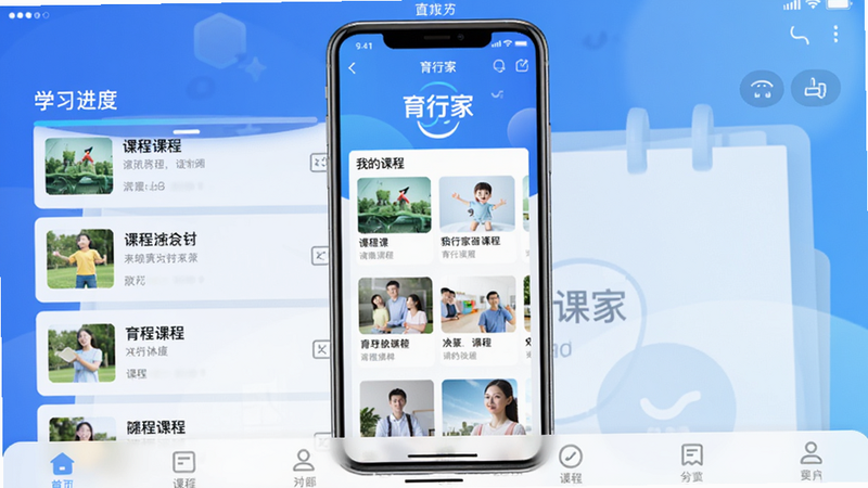 育行家APP主界面截图,展示课程列表、学习进度条和底部导航栏,背景为蓝色渐变,画面中央是手机模型,屏幕内显示育行家logo和“我的课程”页面,整体风格干净专业