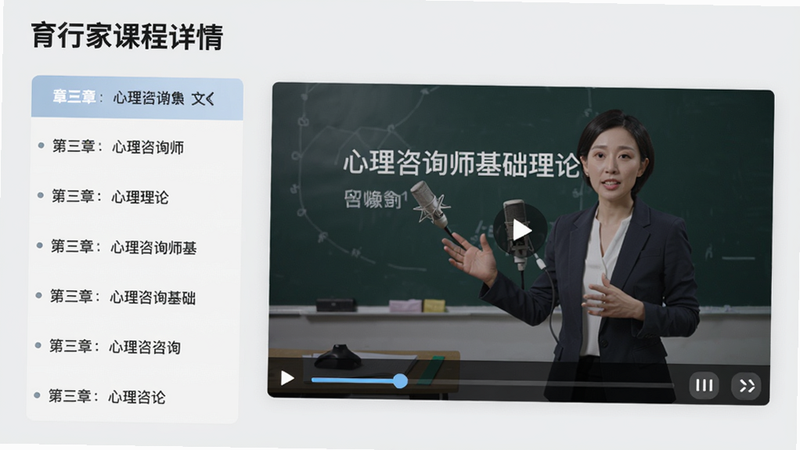 育行家课程详情页,左侧是章节列表,右侧是视频播放窗口,视频中讲师正在讲解心理咨询师基础理论,画面下方有进度条和倍速按钮,背景为浅灰色