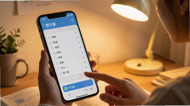 育行家APP在手机上的实际运行场景,用户正在刷题,屏幕显示选择题,手指点击选项,背景为书桌和台灯,暖色调,突出学习氛围