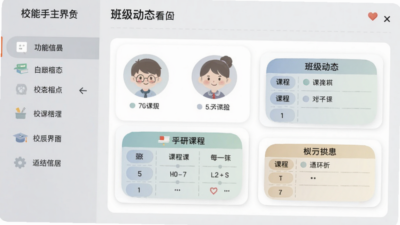 校能手主界面展示,左侧是功能菜单栏,右侧为班级动态看板,背景为浅灰色教育风格,学生头像图标与课程表元素清晰可见,整体色调柔和,适配Boogu模型生成