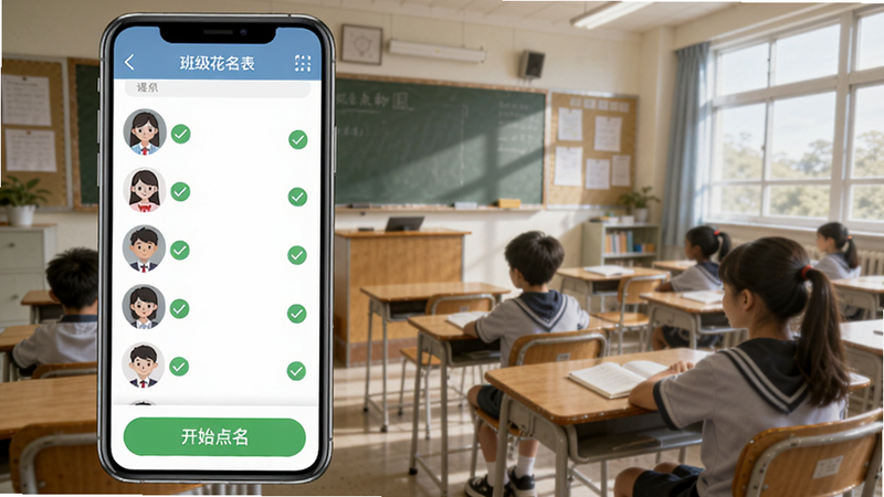 校能手智能点名功能截图,手机界面显示班级花名册,每个学生头像旁边有绿色签到标记,底部有“开始点名”按钮,背景为教室课堂场景,光线明亮,符合教育管理工具风格