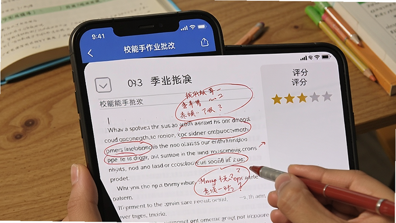 校能手作业批改界面,手机屏幕显示一份学生提交的作文,老师用红色笔迹圈画并附上评语,右侧有评分星级,背景为木质书桌,营造学习氛围