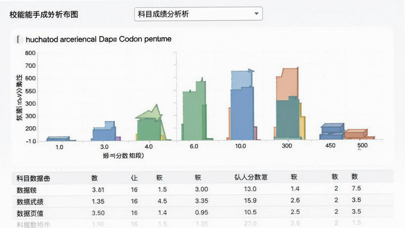 校能手成绩分析页面,展示一个班级的成绩分布图,横轴为分数段,纵轴为人数,顶部有科目筛选下拉菜单,界面简洁清晰,背景为白色,带有数据表格和图表元素
