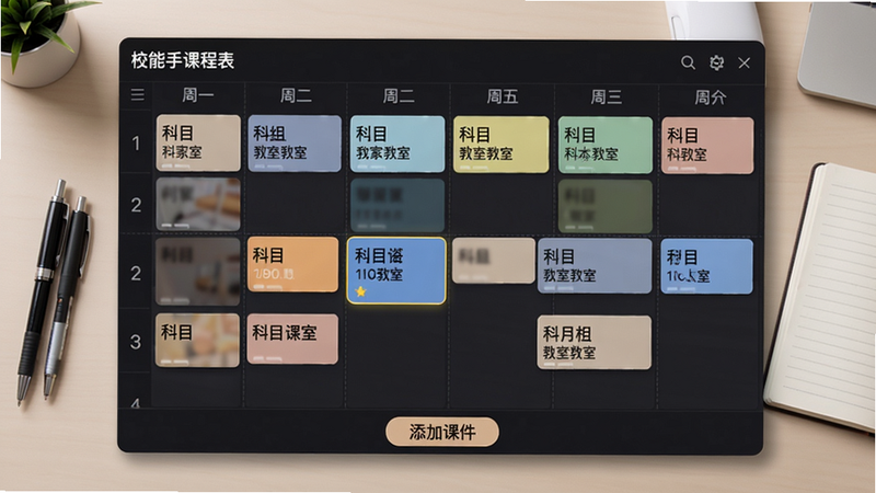 校能手课程表界面,周视图展示一周课程,每个课程块内显示科目名称和教室,当前课程高亮,底部有“添加课件”按钮,背景为整洁的办公室桌面,有笔和笔记本