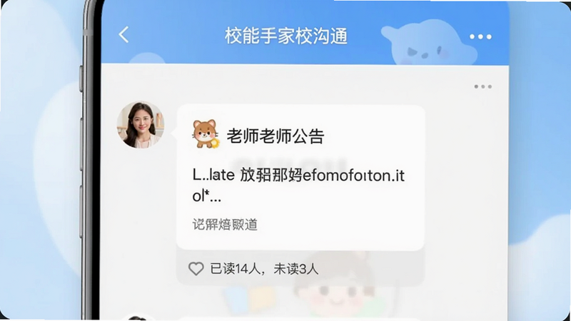 校能手家校沟通界面,聊天窗口显示老师发送的公告卡片,下方有“已读14人,未读3人”的计数,背景为柔和的蓝色渐变,体现教育温馨感