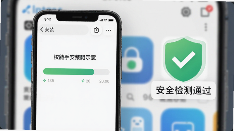 校能手安装过程示意,展示手机屏幕上的安装进度条,背景是应用商店界面,旁边有“安全检测通过”标识,整体风格现代清晰