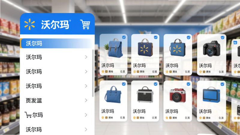 画面展示沃尔玛App首页核心界面,左侧是分类导航,右侧滚动商品卡片,背景为现代超市货架虚化,色调以蓝白为主,突出“沃尔玛”Logo和购物车图标,整体明亮简洁,适配Boogu模型生成。